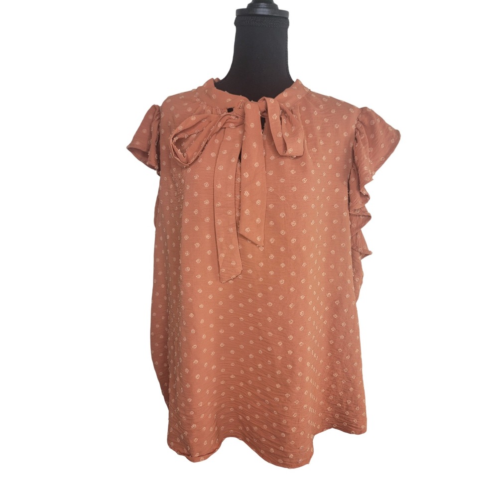 Urban Rose Terracotta Orange Clip Dot Tie Neck Ruffle Blouse Plus Size 3X